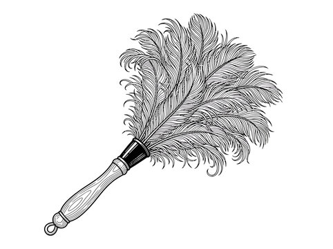 A traditional feather duster with a wooden handle, elegantly displayed against a white background, evoking a sense of vintage cleanliness and domestic care