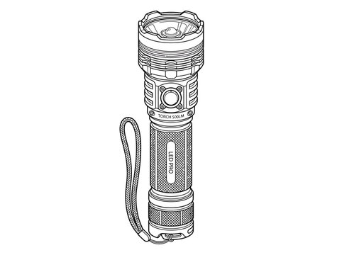Detailed illustration of a modern tactical flashlight with a textured grip and wrist strap, ready for action