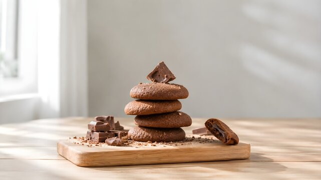 Stack of crunchy chocolate cookies topped with a scoop of rich chocolate mousse and dark chocolate pieces on a bright background