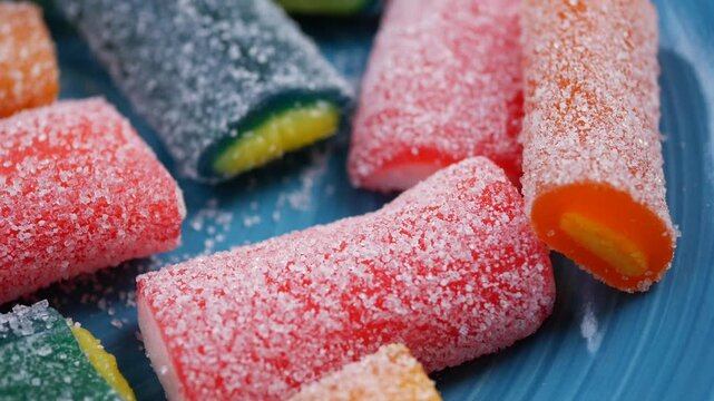 Colorful candy on blue plate ready to eat