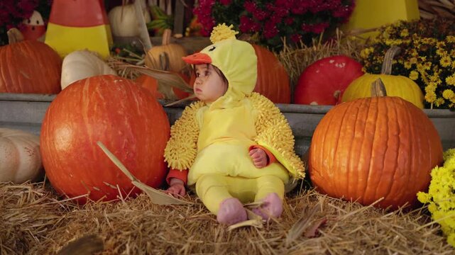 Baby in Yellow Duck Costume Among Halloween Pumpkins