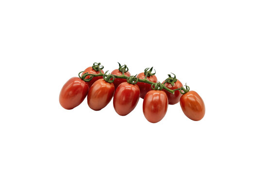 A fresh cluster of ripe red grape tomatoes attached to a green stem isolated on a transparent background