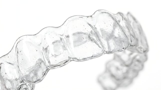 Clear plastic dental aligner tray for teeth straightening isolated on white background.
