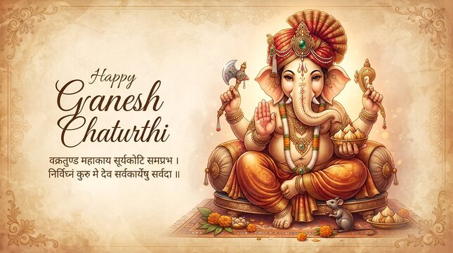 
Traditional Lord Ganesha with Maratha Pheta Holding Modak and Mushak for Ganesh Chaturthi Festival Wishes