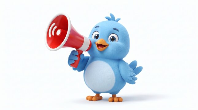 Cute cartoon blue bird holding a red megaphone announcing something important.