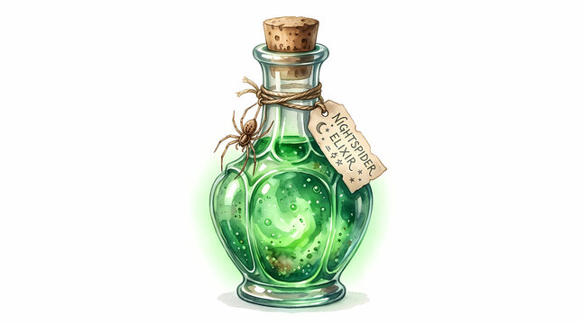 Magical potion vial filled with glowing green liquid featuring a small spider attached to the neck with a twine string and a rustic paper label tied around the glass container for fantasy stories