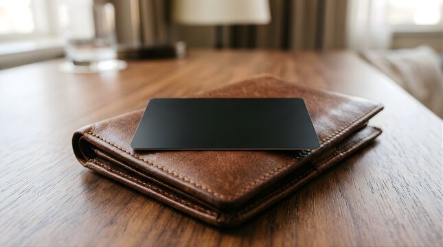 Blank black credit card resting on a leather wallet on a wooden table