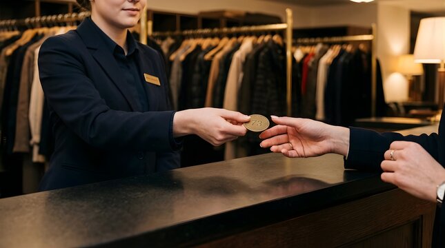 Cloakroom attendant handing a numbered metal coat check tag to a guest
