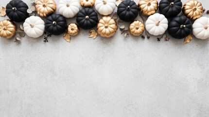 Fototapeta premium Flat lay top view border frame of elegant black gold and white mini pumpkins on light gray concrete background with copy space