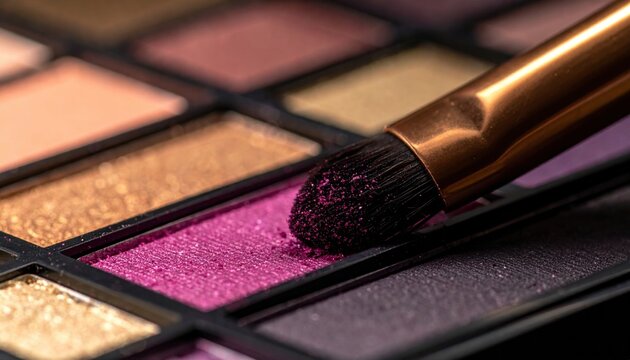 Close-up of a makeup brush applying shimmery purple eyeshadow from a multi-colored eyeshadow palette.