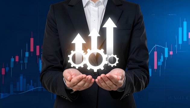 Corporate finance concept featuring a businessman presenting interconnected gears and rising arrows, with market charts in the background, representing growth strategy, productivity, and business.