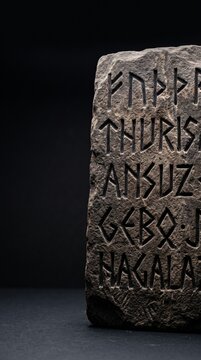 Ancient stone tablet with runic inscriptions on a dark background