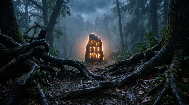 Mysterious glowing rune stone in a dark foggy forest with ancient roots
