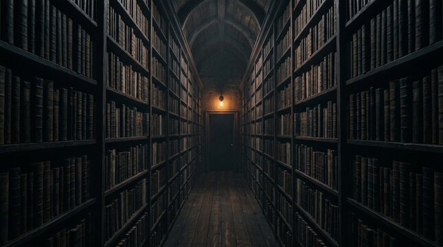 Dimly lit library aisle with tall bookshelves filled with old books