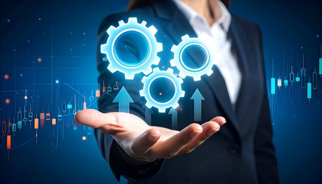 Corporate finance concept featuring a businessman presenting illuminated gears above his hand, with market charts behind him, representing financial strategy, operational efficiency, innovation,.
