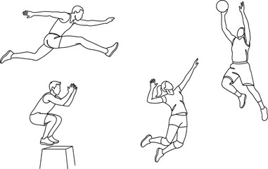 Fototapeta premium Continuous line drawing set of athletes jumping basketball volleyball hurdling and box jump vector illustration for sports concept