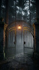 Obraz premium Mysterious wrought iron gate open to a foggy forest with a lantern