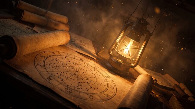 Ancient astrology chart illuminated by a vintage lantern with scrolls and dust particles
