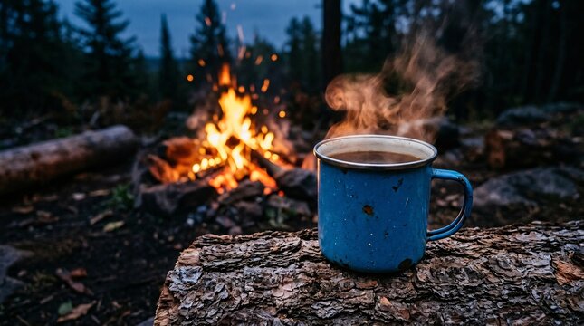 Steaming drink in chipped blue enamel camping mug on bark-covered firewood, blurred campfire, cool evening wilderness survival moment.