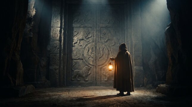 Mysterious traveler with lantern approaches ancient stone doors carved with lions