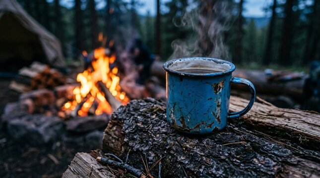 Steaming drink in chipped blue enamel camping mug on bark-covered firewood, blurred campfire, cool evening wilderness survival moment.