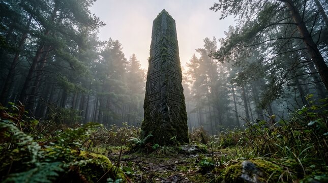 Ancient Rune Stone Obelisk in Misty Forest