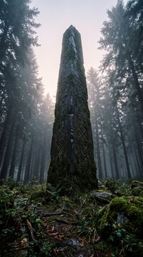 Ancient stone monolith with runes in a misty dark forest