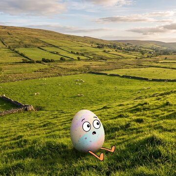 Kawaii Easter Egg Character, Colorful Egg Rolling Down a Grassy Hill