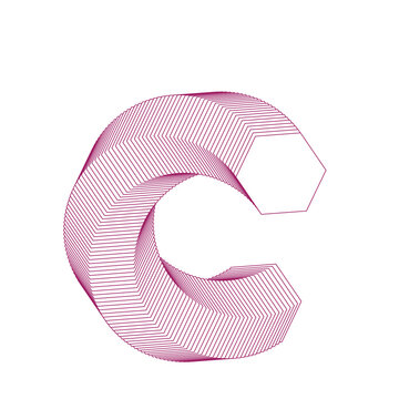 3D Wireframe Letter C. Pink Linear Typography Symbol. Modern Geometric Alphabet Design. Abstract Striped Isolated Icon. Minimalist Font Symbol Vector.