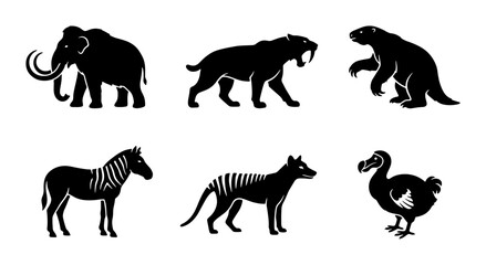 Prehistoric & Extinct Animals Silhouettes: Mammoth, Saber-Toothed Cat, Dodo, Zebra, Thylacine © Sahil