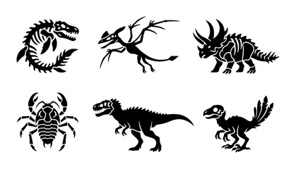 Dinosaur Skeleton Icons, Prehistoric Creature Silhouettes, Ancient Animal Vector Graphics Set © Sahil