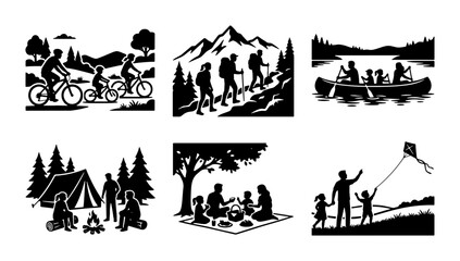 Fototapeta premium Outdoor Family Activities Vector Icons: Camping, Hiking, Biking, Canoeing, Picnic, Kite Flying