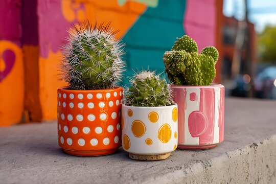 Three potted cacti displayed against a vibrant, colorful mural, creating a lively and artistic composition.