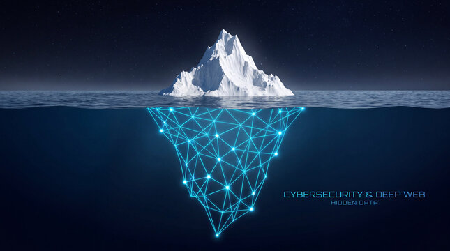 Conceptual 3D illustration of an iceberg split view with a glowing digital constellation grid underwater, featuring cybersecurity and deep web hidden data text on a dark ocean background, representing