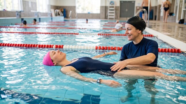 Instructor assists woman floating on her back in a swimming pool during a water therapy session