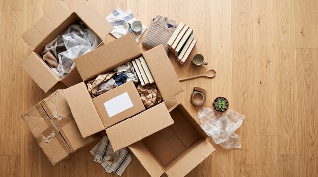 Cardboard boxes filled with belongings and packing materials on a wooden floor ready for moving