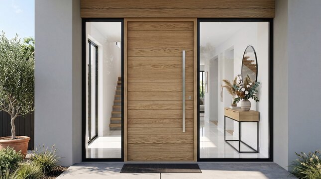 Modern front entryway with horizontal-grain wooden door and silver pull handle, glass sidelights, sunlit tiled hallway, dried flowers.