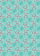 Seamless floral pattern with hand-drawn red and blue flowers on a light green background vector pattern floral art