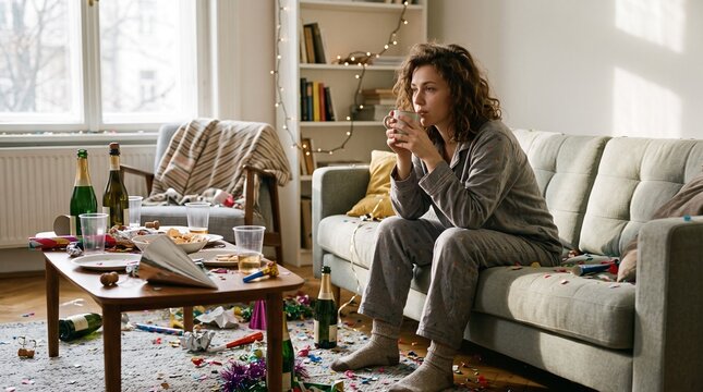 Woman in pajamas drinking coffee after a messy party in a living room with confetti and bottles