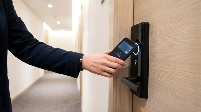 Person unlocking a smart hotel door with a smartphone in a corridor