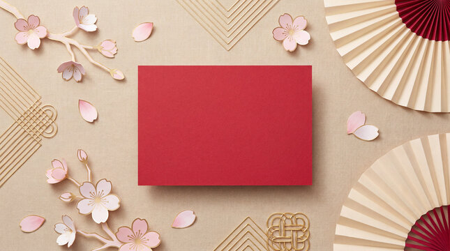 Minimalist Chinese New Year greeting card template, blank red and gold background with abstract traditional oriental elements and copy space for text, luxury lunar new year invitation design