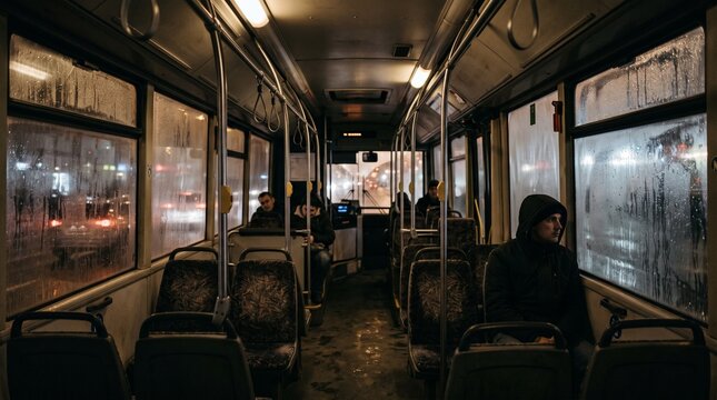 Interior view of a public bus at night with condensation on windows and passengers seated