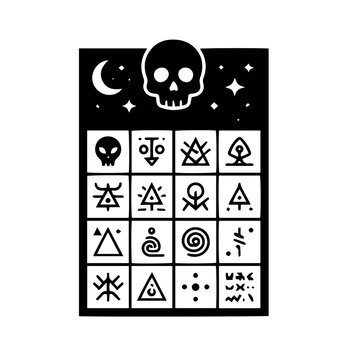 Vector set of 16 occult and esoteric symbols, sigils, and mystic signs with a black skull and moon icon for gothic design