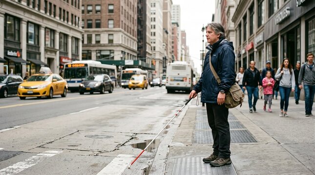 Blind Man with White Cane Navigating Busy City Street with Traffic and Pedestrians