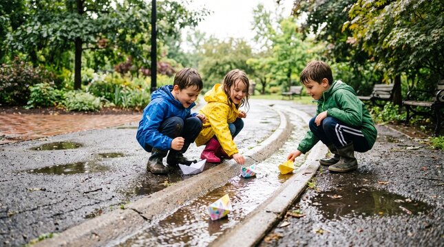 Three happy children in raincoats playing with paper boats in puddles on a rainy day in a park