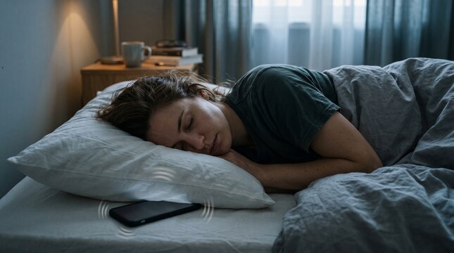 Woman sleeping peacefully in bed as her phone vibrates nearby with subtle notification rings
