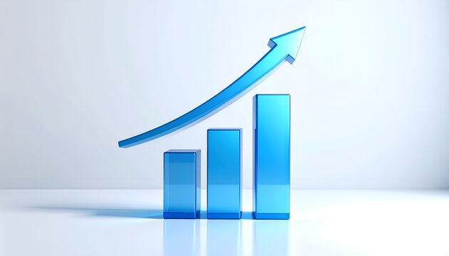 Minimal 3D blue bar chart with an upward arrow on a bright reflective surface, symbolizing business growth, increasing performance, sales progress, financial success, and development.