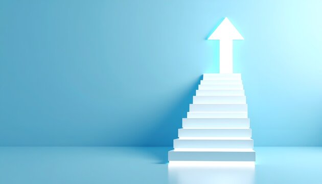 Modern staircase transforming into a large upward arrow against a luminous blue background, symbolizing business growth, increasing performance, progress, ambition, and strategic success.