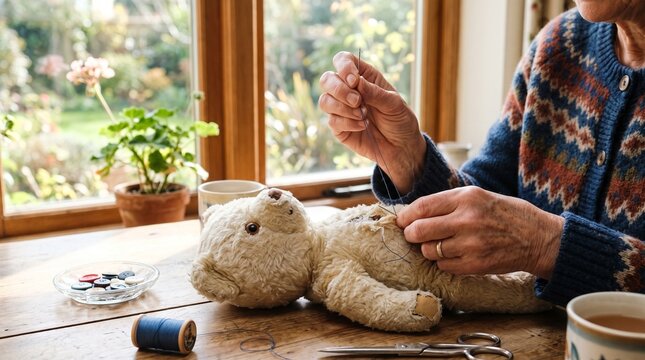 Elderly person's hands carefully sewing a worn teddy bear with needle and thread by a window