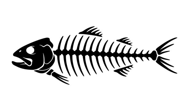 Fish Skeleton Silhouette Vector Illustration Side View Marine Seafood and Fishing Icon